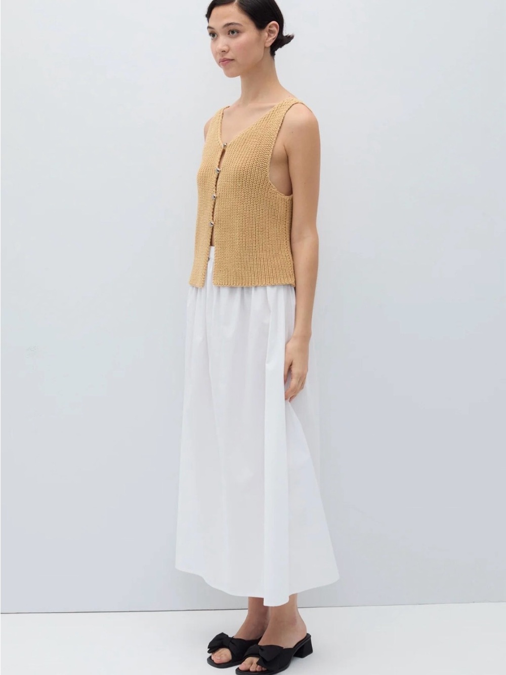 Rita Row Sleeveless Button-Front Knit Tank Top in Creamy Mustard - Picture 3 of 7